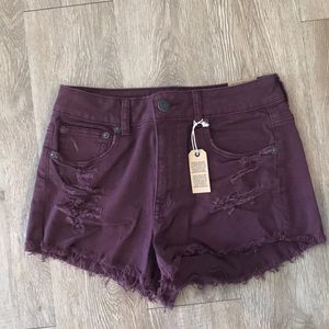Maroon high waisted distressed jean shorts